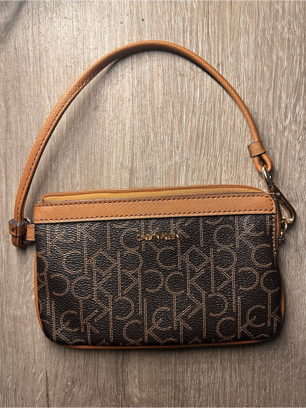 Calvin Klein Brown Monogram Logo Wristlet Clutch Zip Pouch Handbag